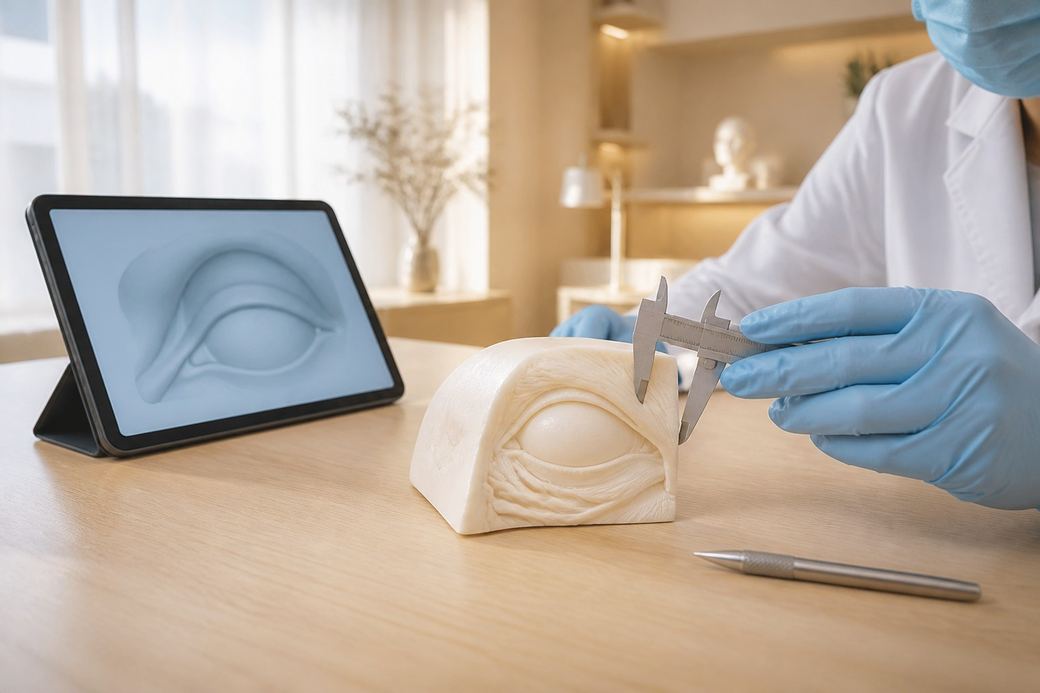 医生用游标卡尺测量3D打印的眶周解剖模型