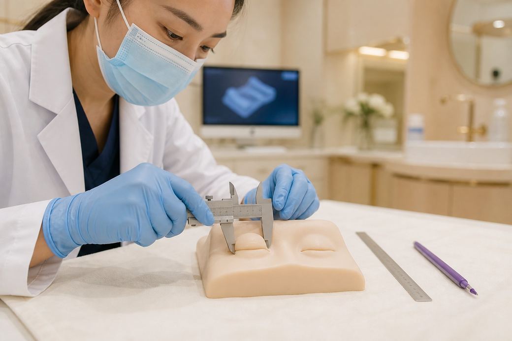 医生用卡尺与标记笔在眼睑手术训练模型上测量设计